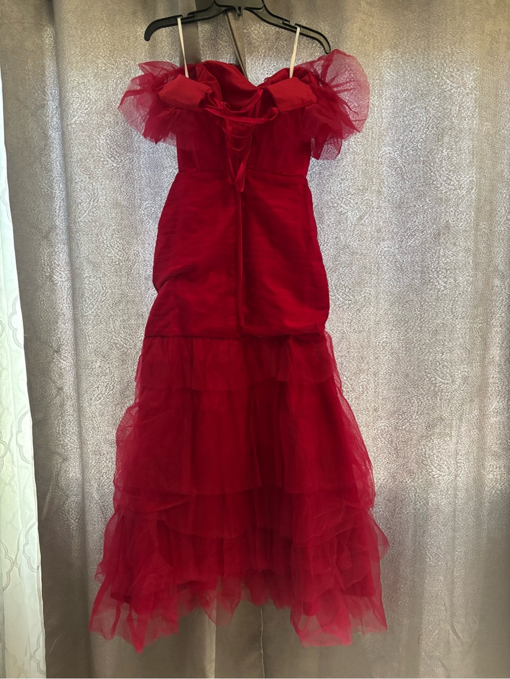 Red Tulle Ruffle Off-Shoulder Gown - Picture 2 of 6
